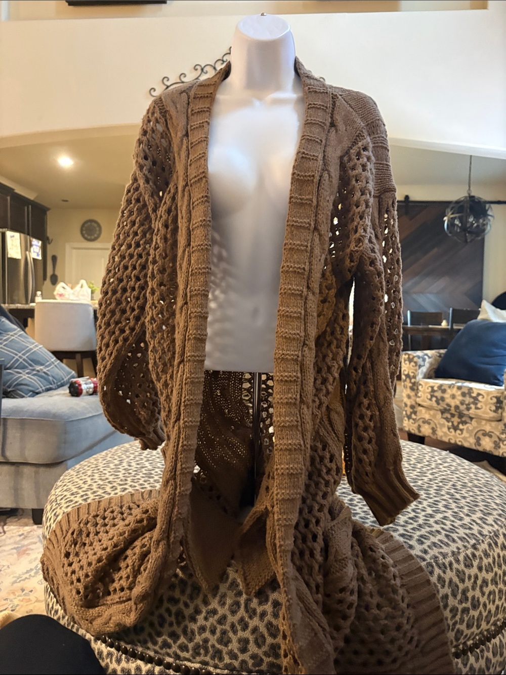 Open-Weave Long Cardigan Sweater in Brown